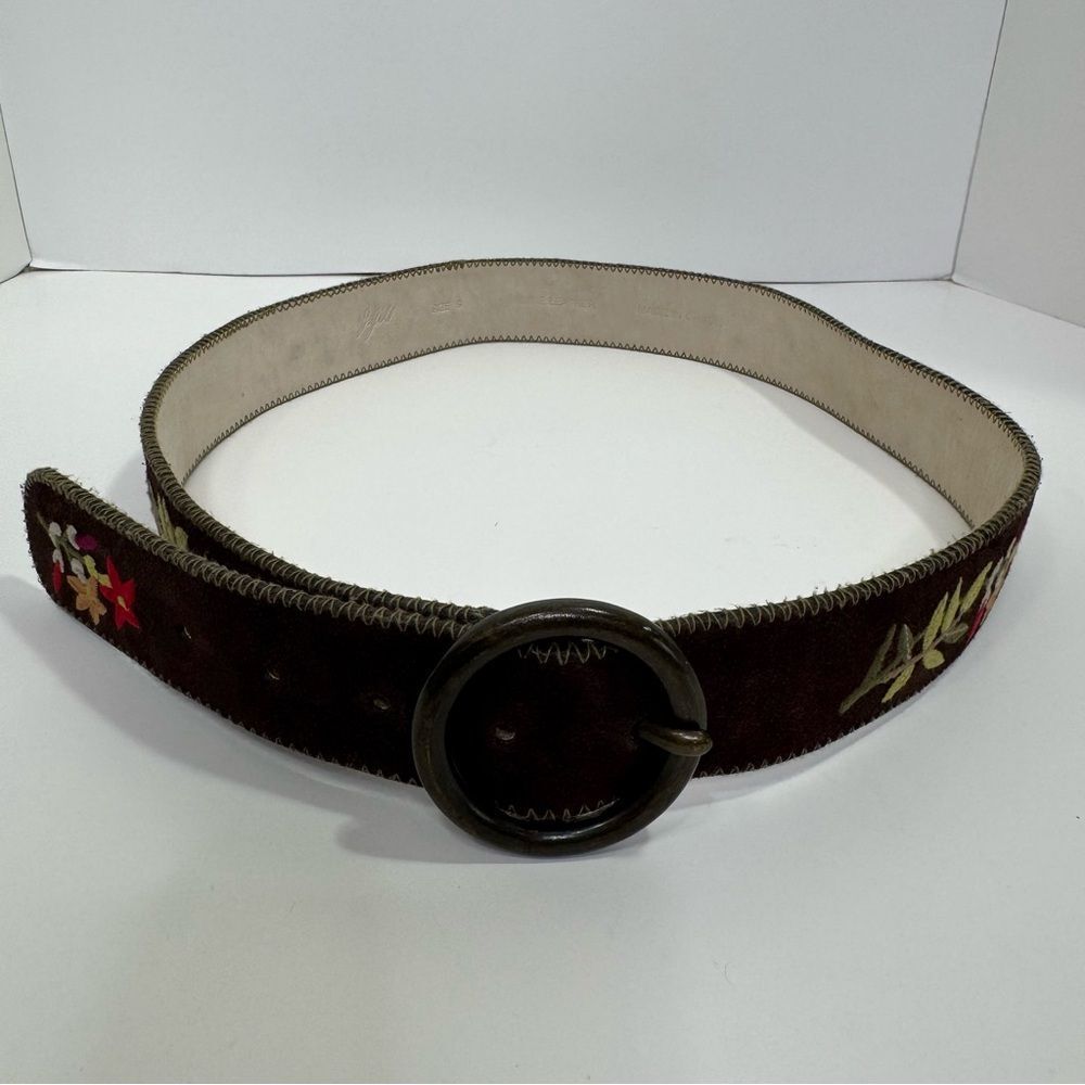 J.Jill Brown Embroidered Suede Leather Belt Boho Folk Art Cottagecore Western